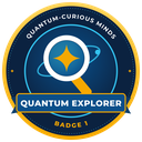 Badge 1 artwork: a gold-rimmed navy badge with a magnifying glass and a gold star, labelled Quantum Explorer