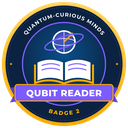 Badge 2 artwork: a gold-rimmed navy badge with an open book and an orbiting atom, labelled Qubit Reader