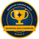 Badge 3 artwork: a gold-rimmed navy badge with a gold trophy, labelled Quantum Quiz Champion