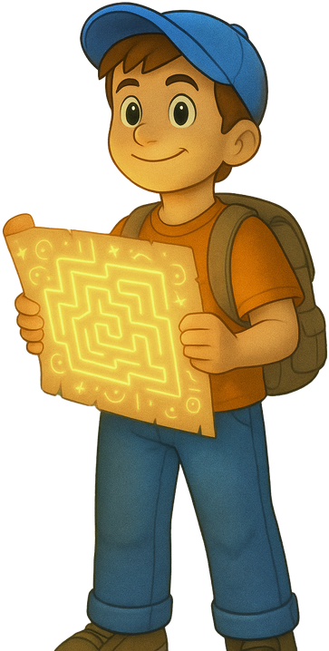 Max with his backpack and glowing maze map