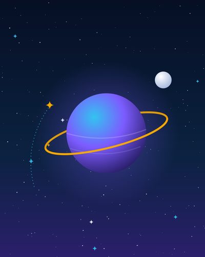 Illustration of a purple planet with a gold orbit ring in a starry night sky